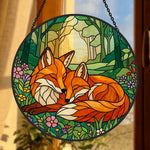 Cozy forest wildflower foxes stained glass suncatcher window hanging, suitable for home and garden decoration