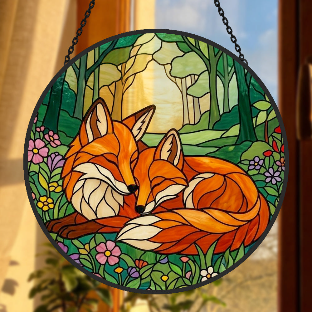 Cozy forest wildflower foxes stained glass suncatcher window hanging, suitable for home and garden decoration