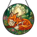 Cozy forest wildflower foxes stained glass suncatcher window hanging, suitable for home and garden decoration