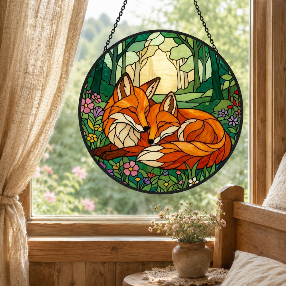 Cozy forest wildflower foxes stained glass suncatcher window hanging, suitable for home and garden decoration