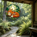 Cozy forest wildflower foxes stained glass suncatcher window hanging, suitable for home and garden decoration