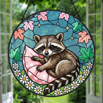 Cozy pillow snuggle raccoon stained glass suncatcher window hanging, suitable for home and garden decoration