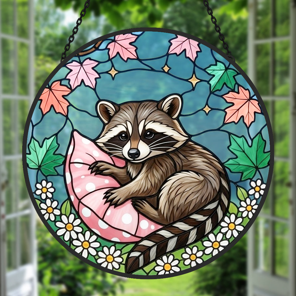 Cozy pillow snuggle raccoon stained glass suncatcher window hanging, suitable for home and garden decoration