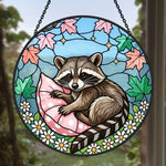 Cozy pillow snuggle raccoon stained glass suncatcher window hanging, suitable for home and garden decoration