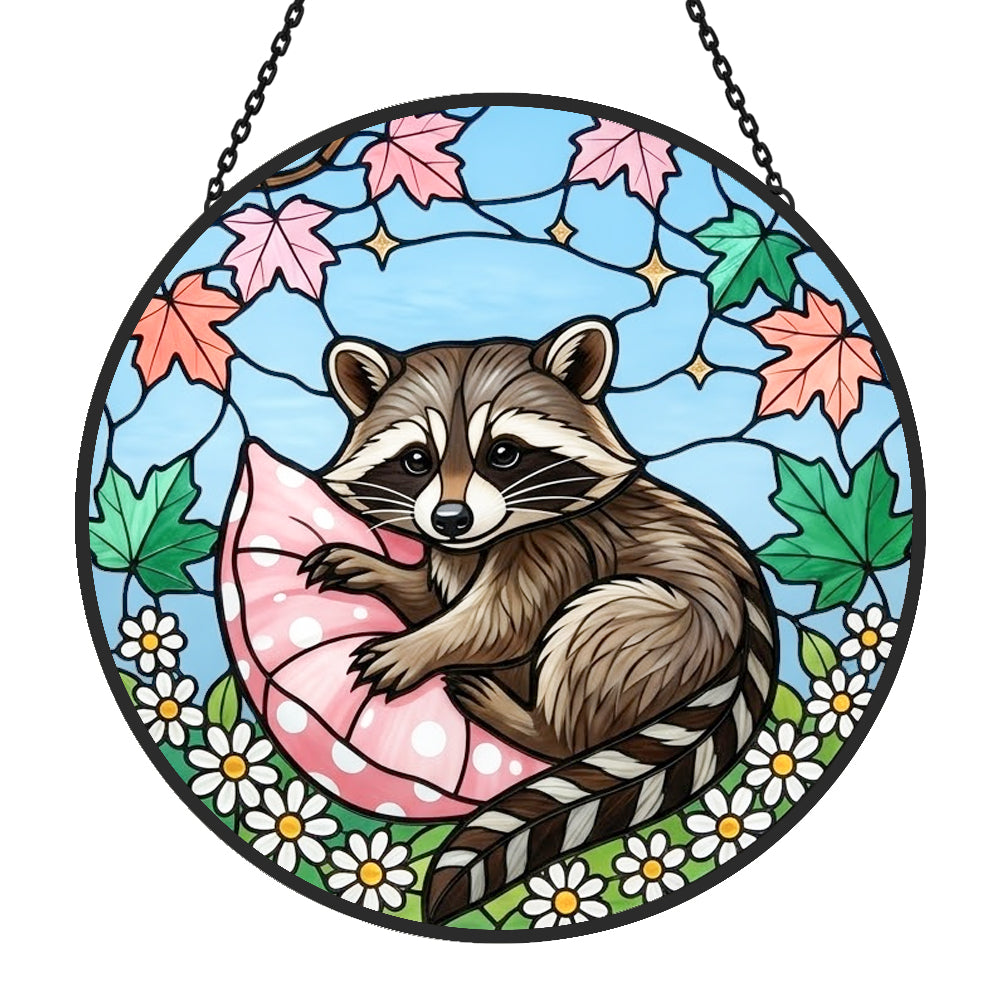 Cozy pillow snuggle raccoon stained glass suncatcher window hanging, suitable for home and garden decoration