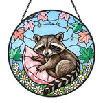 Cozy pillow snuggle raccoon stained glass suncatcher window hanging, suitable for home and garden decoration