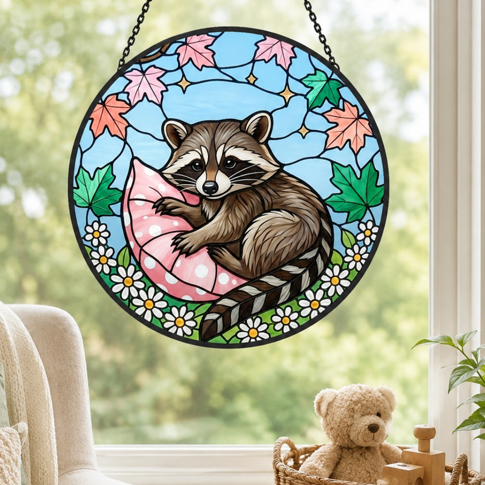 Cozy pillow snuggle raccoon stained glass suncatcher window hanging, suitable for home and garden decoration