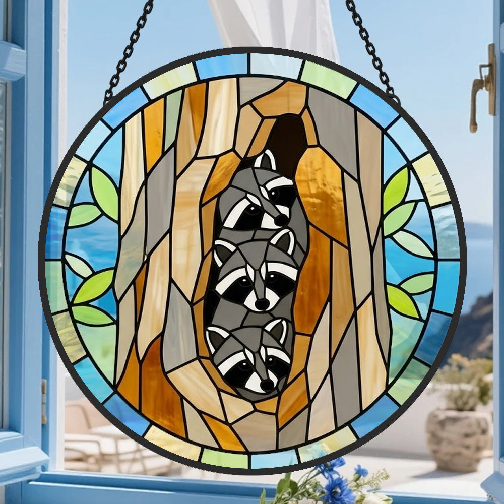 Cozy tree hollow raccoons stained glass suncatcher window hanging, suitable for home and garden decoration