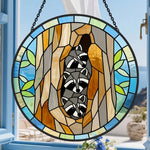 Cozy tree hollow raccoons stained glass suncatcher window hanging, suitable for home and garden decoration