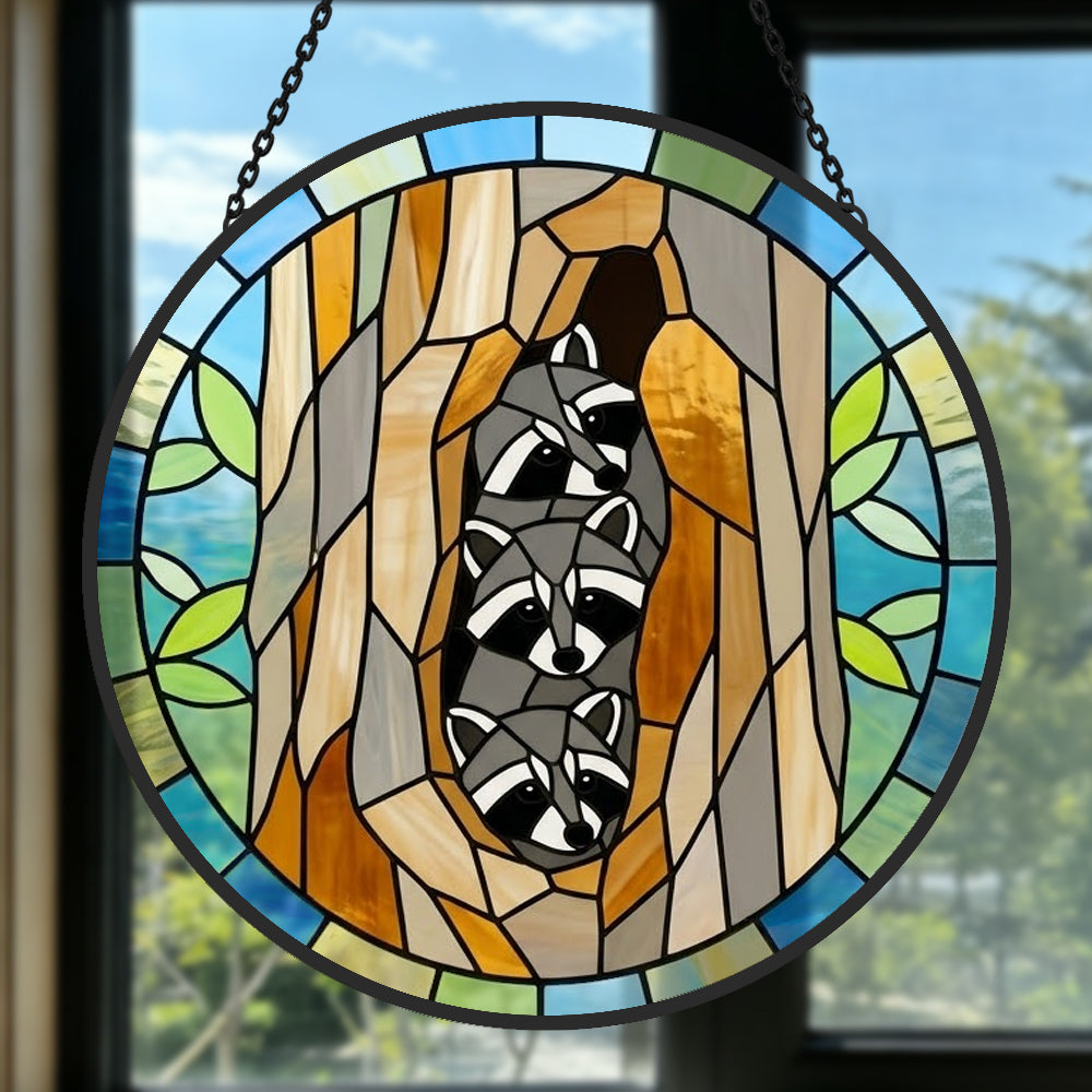 Cozy tree hollow raccoons stained glass suncatcher window hanging, suitable for home and garden decoration