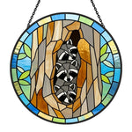 Cozy tree hollow raccoons stained glass suncatcher window hanging, suitable for home and garden decoration