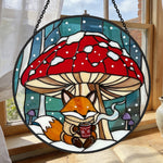 Cozy winter mushroom fox stained glass suncatcher window hanging, suitable for home and garden decoration