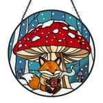 Cozy winter mushroom fox stained glass suncatcher window hanging, suitable for home and garden decoration