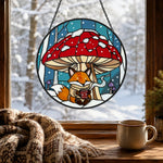 Cozy winter mushroom fox stained glass suncatcher window hanging, suitable for home and garden decoration