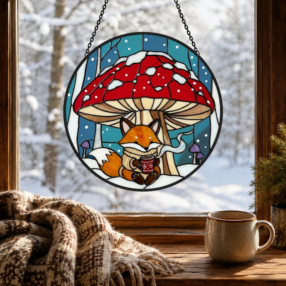 Cozy winter mushroom fox stained glass suncatcher window hanging, suitable for home and garden decoration