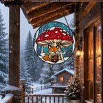 Cozy winter mushroom fox stained glass suncatcher window hanging, suitable for home and garden decoration