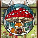 Cozy winter mushroom fox stained glass suncatcher window hanging, suitable for home and garden decoration