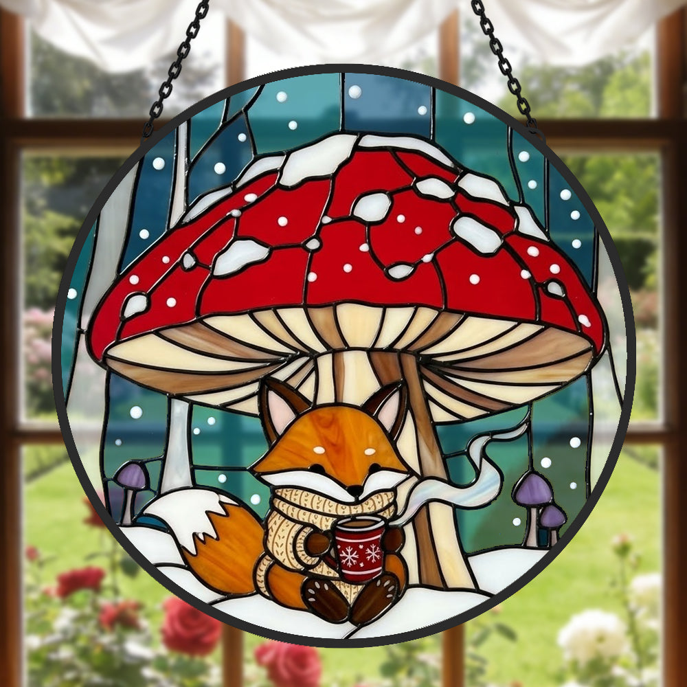 Cozy winter mushroom fox stained glass suncatcher window hanging, suitable for home and garden decoration