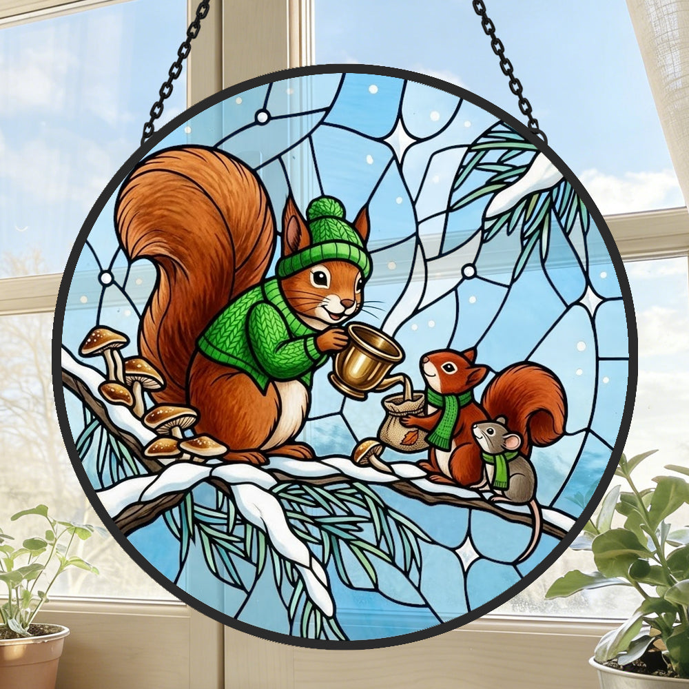 Cozy winter sweater squirrels stained glass suncatcher window hanging, suitable for home and garden decoration