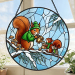 Cozy winter sweater squirrels stained glass suncatcher window hanging, suitable for home and garden decoration