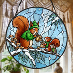 Cozy winter sweater squirrels stained glass suncatcher window hanging, suitable for home and garden decoration