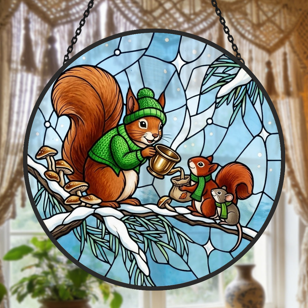 Cozy winter sweater squirrels stained glass suncatcher window hanging, suitable for home and garden decoration
