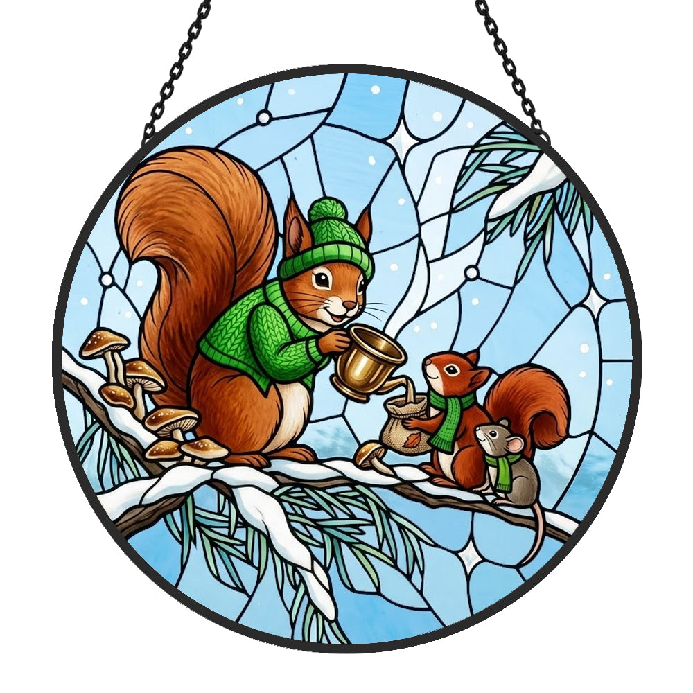 Cozy winter sweater squirrels stained glass suncatcher window hanging, suitable for home and garden decoration