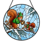 Cozy winter sweater squirrels stained glass suncatcher window hanging, suitable for home and garden decoration