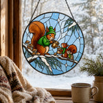 Cozy winter sweater squirrels stained glass suncatcher window hanging, suitable for home and garden decoration