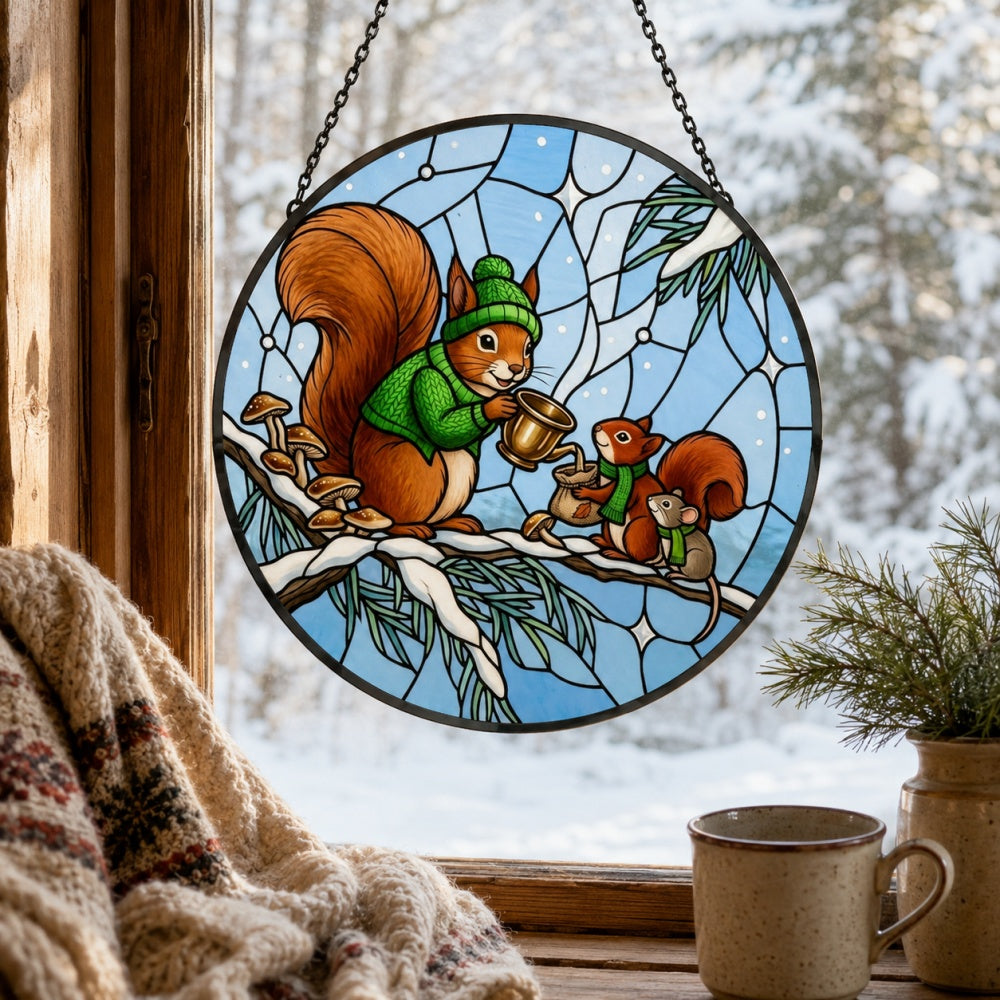 Cozy winter sweater squirrels stained glass suncatcher window hanging, suitable for home and garden decoration
