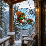 Cozy winter sweater squirrels stained glass suncatcher window hanging, suitable for home and garden decoration