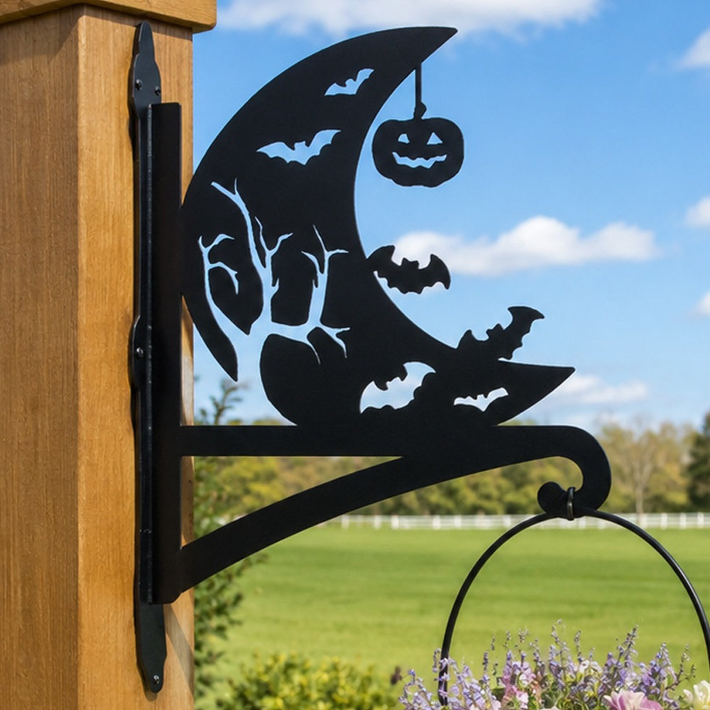 Crescent moon and bats metal hanging basket bracket mounted on outdoor wall for plant decoration