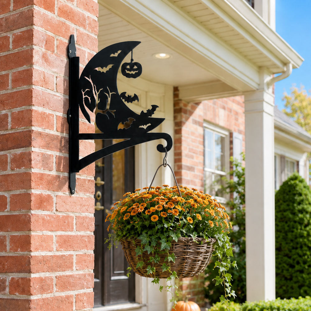 Crescent moon and bats metal hanging basket bracket mounted on outdoor wall for plant decoration