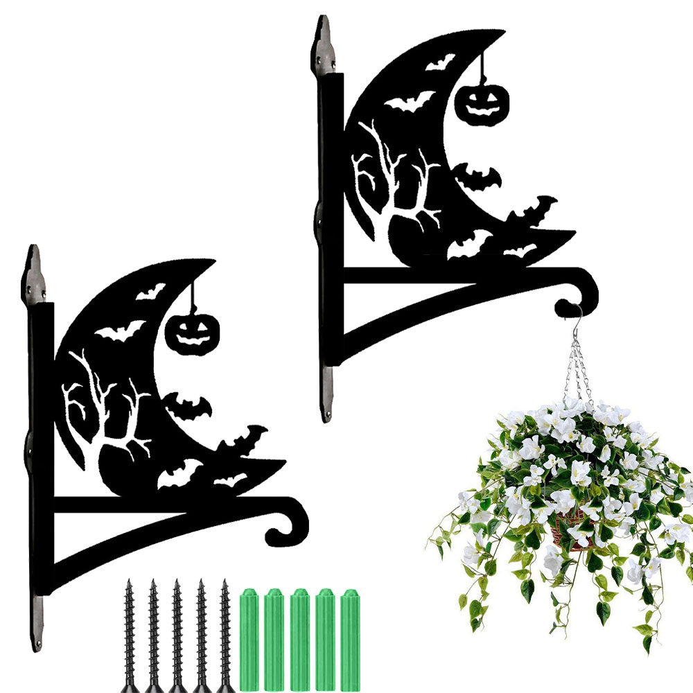 Crescent moon and bats metal hanging basket bracket mounted on outdoor wall for plant decoration