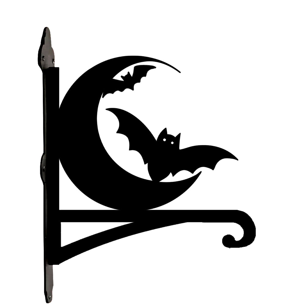 Crescent moon and flying bats metal hanging basket bracket mounted on outdoor wall for plant decoration