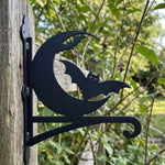 Crescent moon and flying bats metal hanging basket bracket mounted on outdoor wall for plant decoration