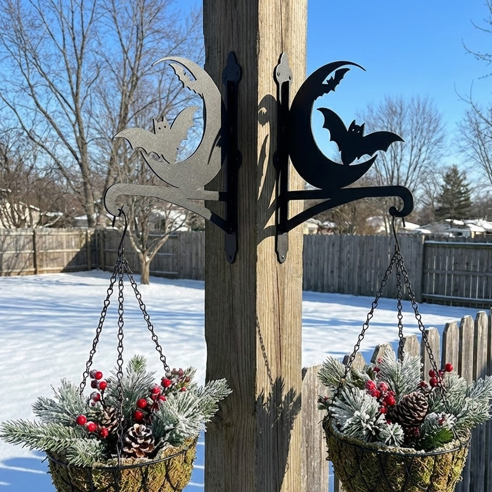Crescent moon and flying bats metal hanging basket bracket mounted on outdoor wall for plant decoration