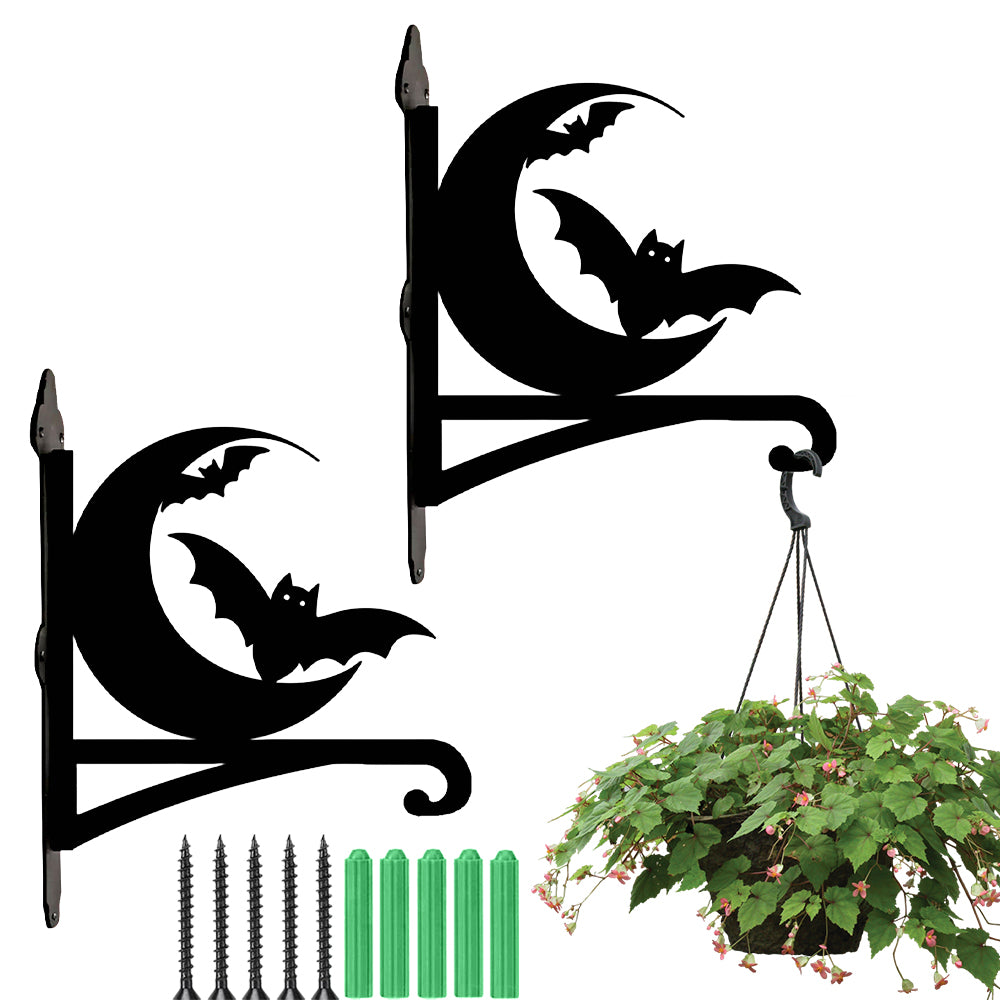 Crescent moon and flying bats metal hanging basket bracket mounted on outdoor wall for plant decoration