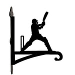 Cricket batsman swinging and wickets metal hanging basket bracket mounted on outdoor wall for plant decoration