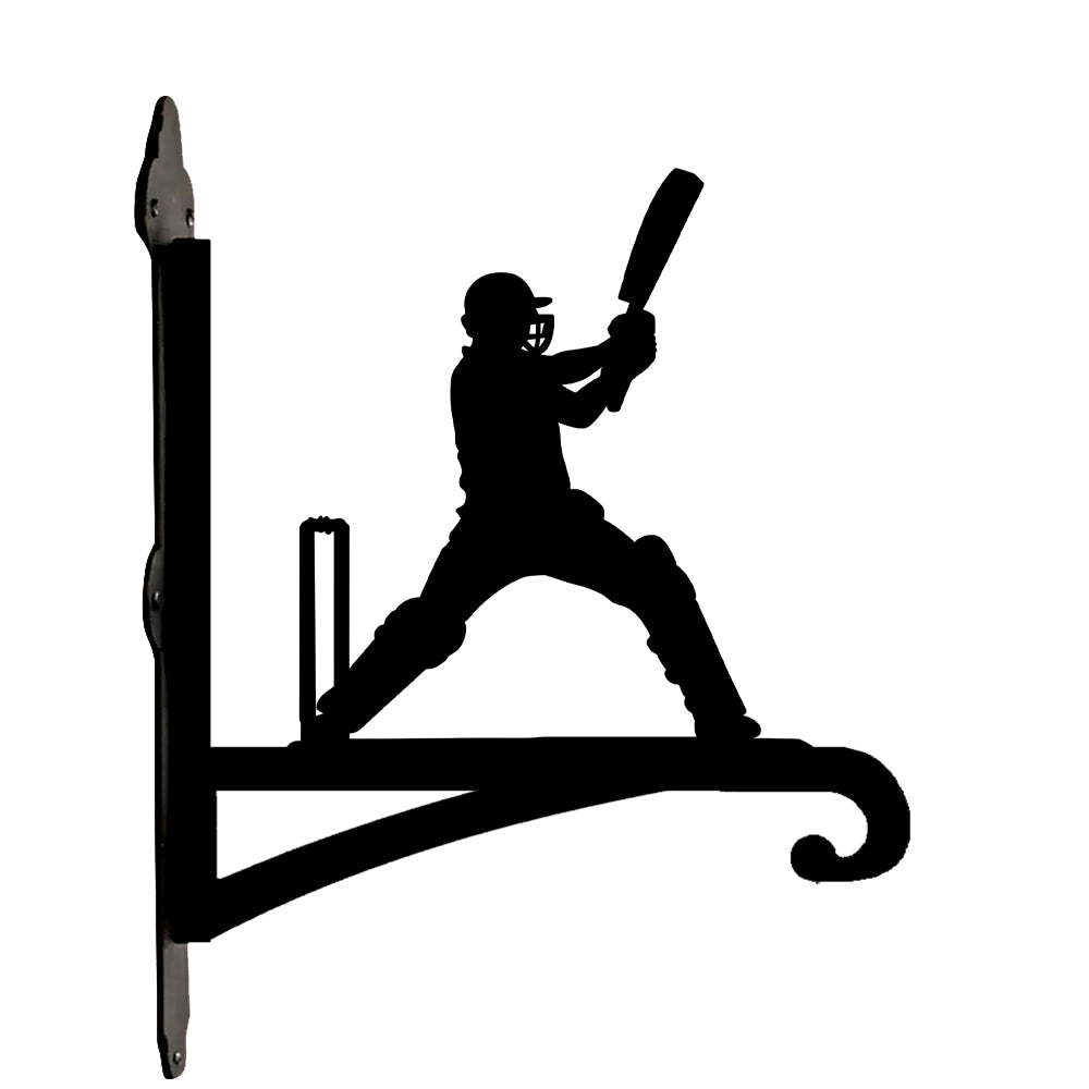 Cricket batsman swinging and wickets metal hanging basket bracket mounted on outdoor wall for plant decoration