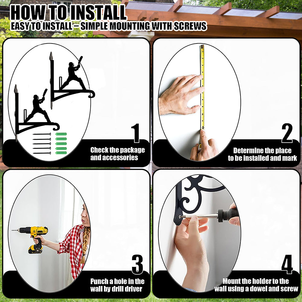 Cricket batsman swinging and wickets metal hanging basket bracket mounted on outdoor wall for plant decoration
