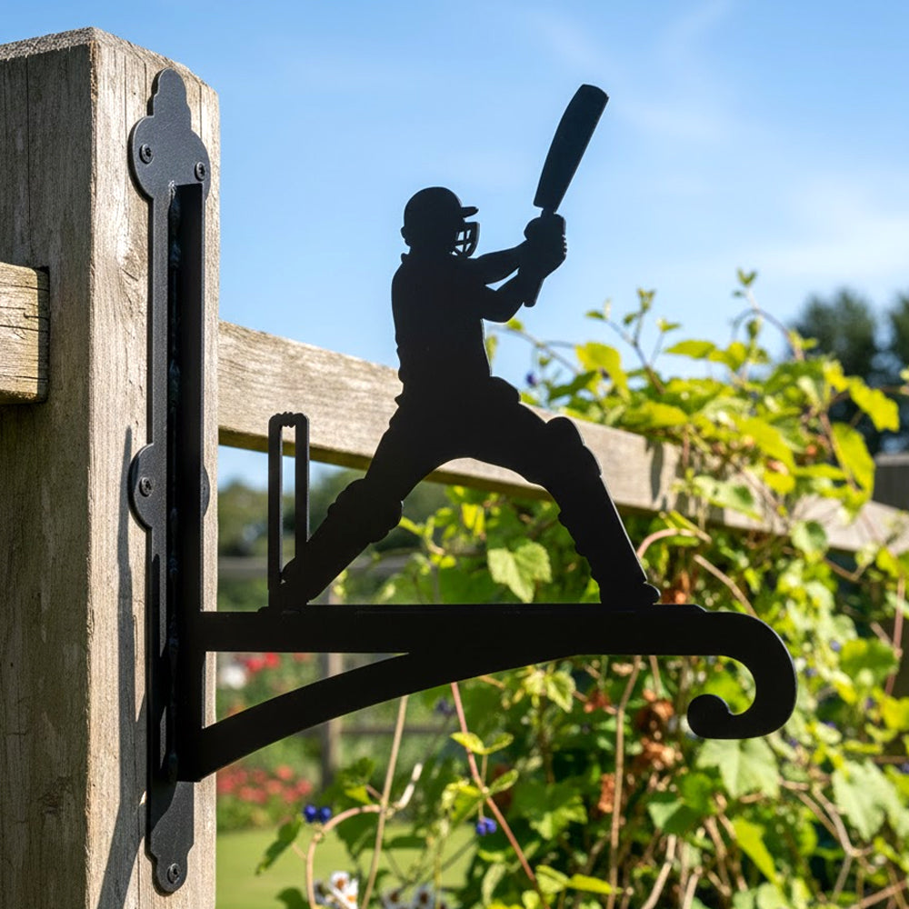 Cricket batsman swinging and wickets metal hanging basket bracket mounted on outdoor wall for plant decoration
