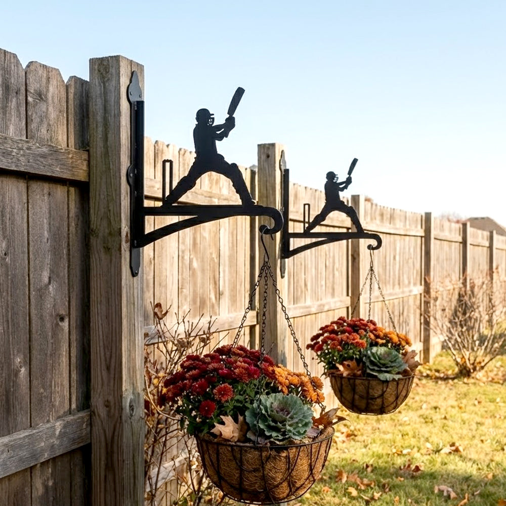 Cricket batsman swinging and wickets metal hanging basket bracket mounted on outdoor wall for plant decoration