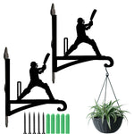 Cricket batsman swinging and wickets metal hanging basket bracket mounted on outdoor wall for plant decoration