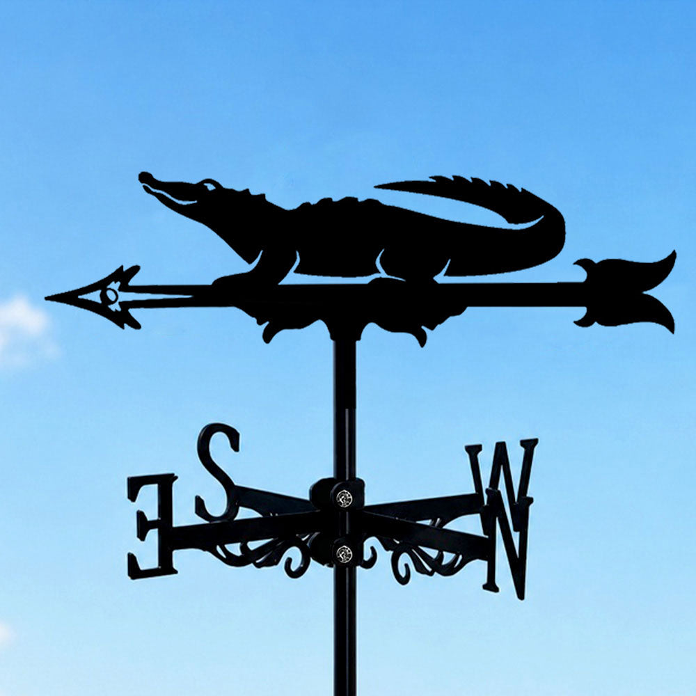 Crocodile metal weather vane with directional arrows and mounting rod, outdoor roof and garden decoration