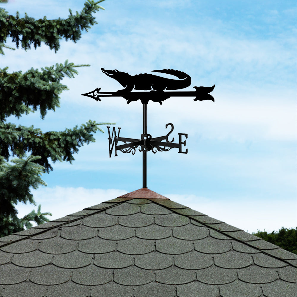 Crocodile metal weather vane with directional arrows and mounting rod, outdoor roof and garden decoration
