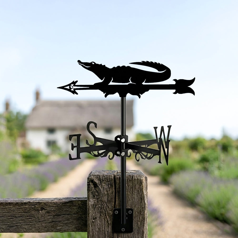 Crocodile metal weather vane with directional arrows and mounting rod, outdoor roof and garden decoration