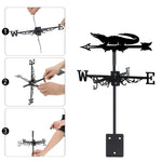 Crocodile metal weather vane with directional arrows and mounting rod, outdoor roof and garden decoration