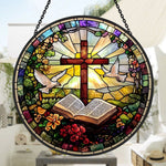 Cross and open bible stained glass suncatcher window hanging, suitable for home and garden decoration