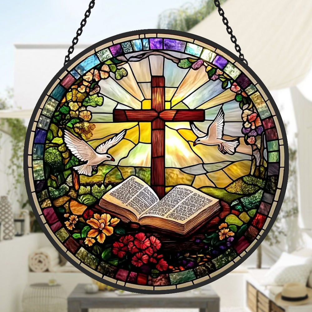 Cross and open bible stained glass suncatcher window hanging, suitable for home and garden decoration